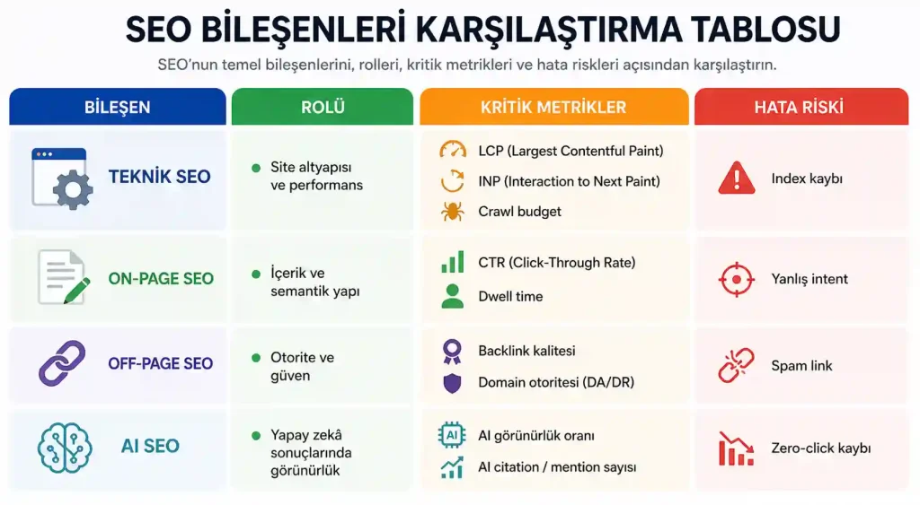 SEO Bileşenleri Karşılaştırma Tablosu