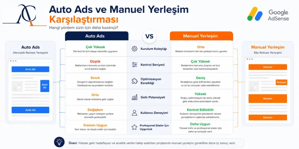 Auto Ads ve Manuel Yerleşim Karşılaştırması