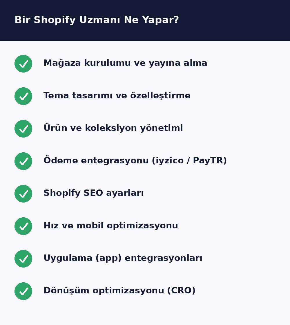 Bir Shopify uzmanının sunduğu hizmetler listesi